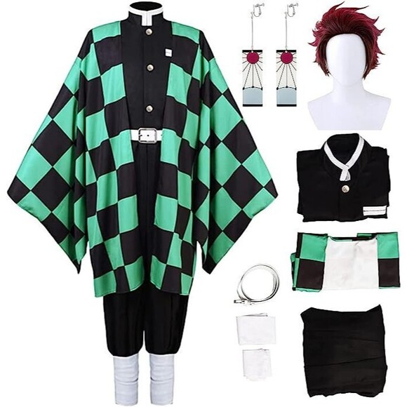 Other - Men's Green Chequer Cosplay Costume Outfit Robe Kimono Uniform, XL